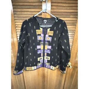 Vintage Icelandic Designs Women's Wool Sweater Zip Jacket 3D Design Black Size M